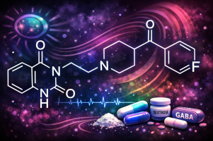 Abstracte illustratie van de moleculaire structuur van ketanserine op een kleurrijke, psychedelische achtergrond met symbolische elementen van hersenactiviteit en kalmering.